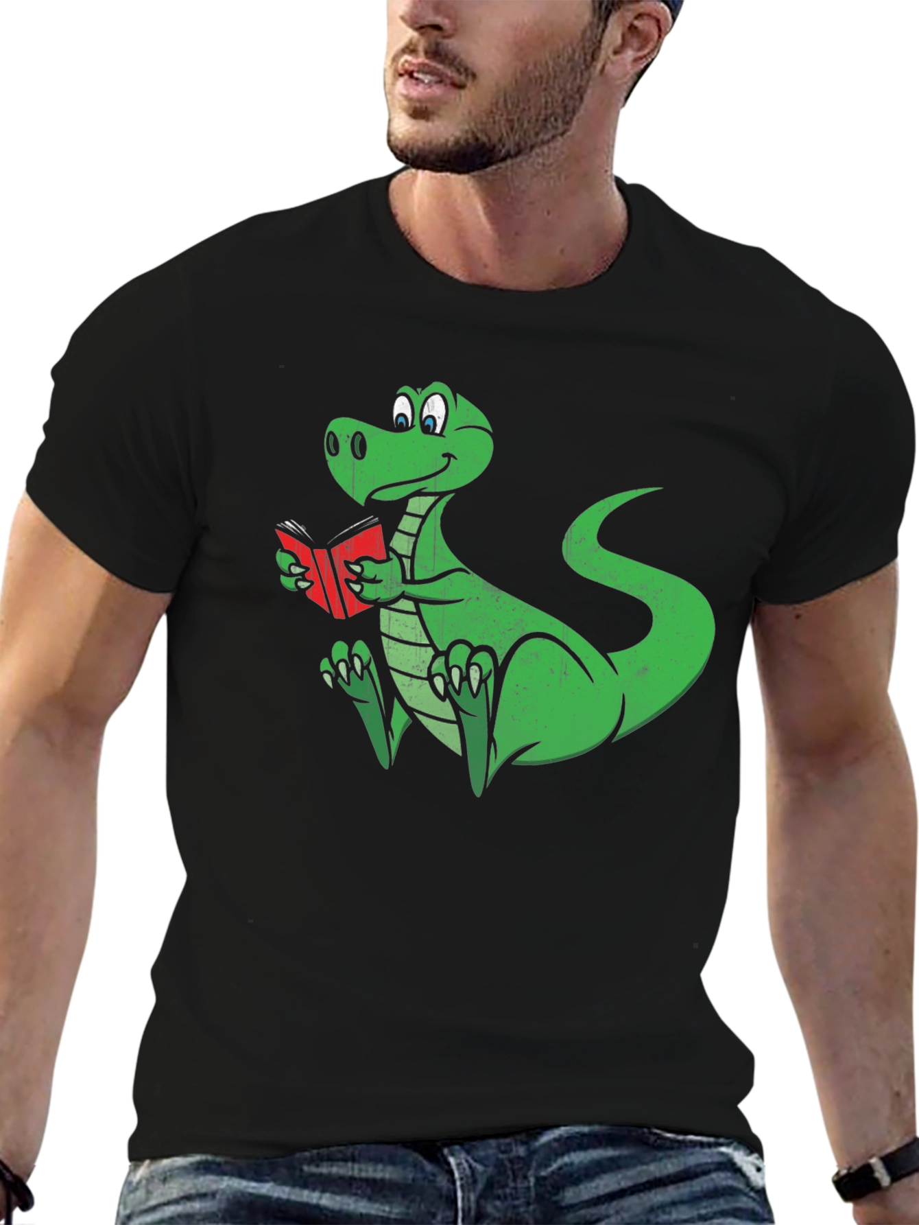 Dino Reading T-Shirt - Black Cotton Graphic Tee