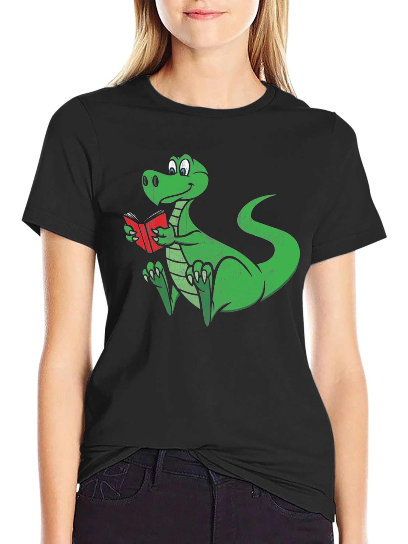 Dino Reading T-Shirt - Black Cotton Graphic Tee