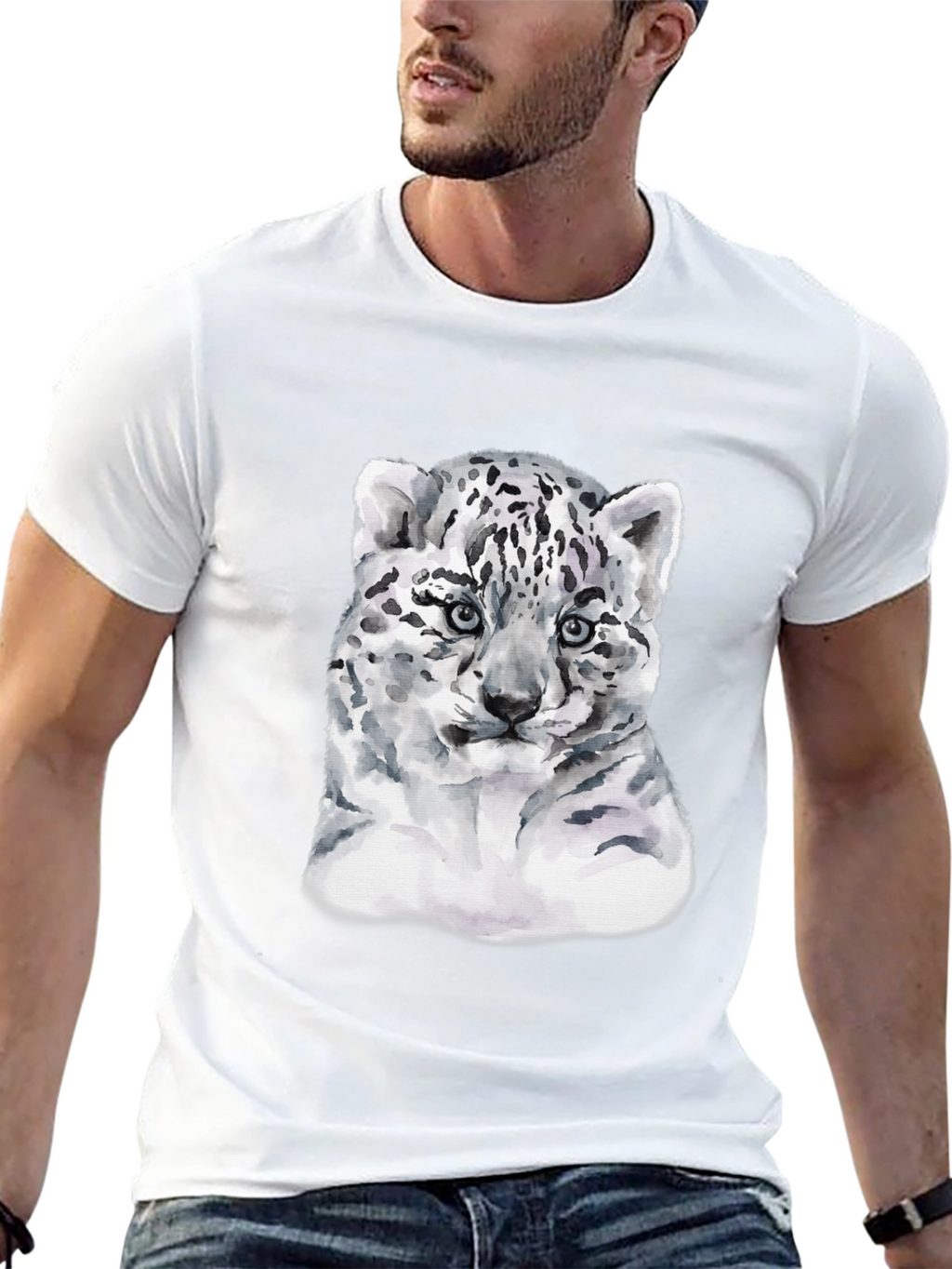 Snow Leopard Cub Graphic Tee - Black Cotton T-Shirt