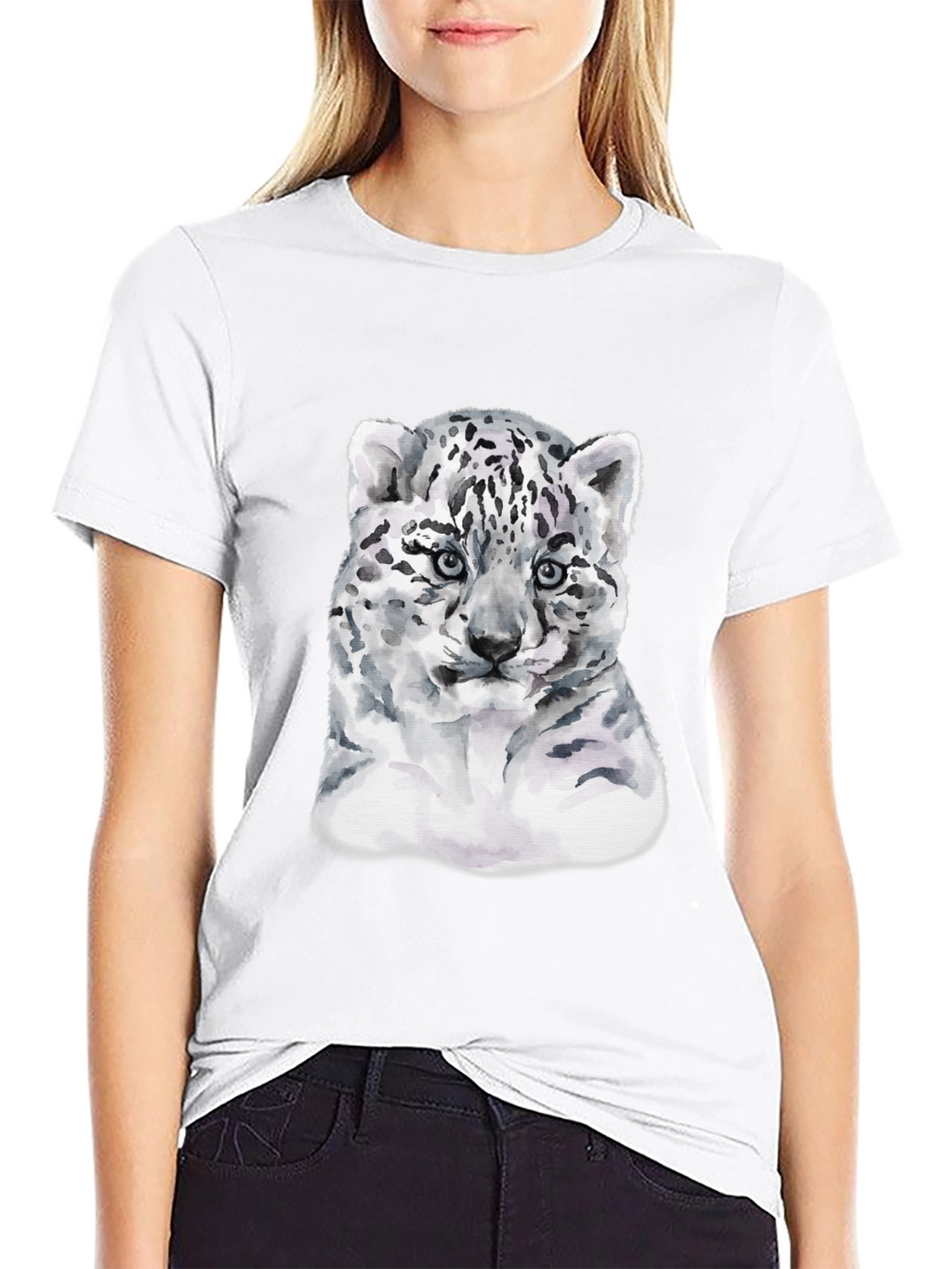 Snow Leopard Cub Graphic Tee - Black Cotton T-Shirt