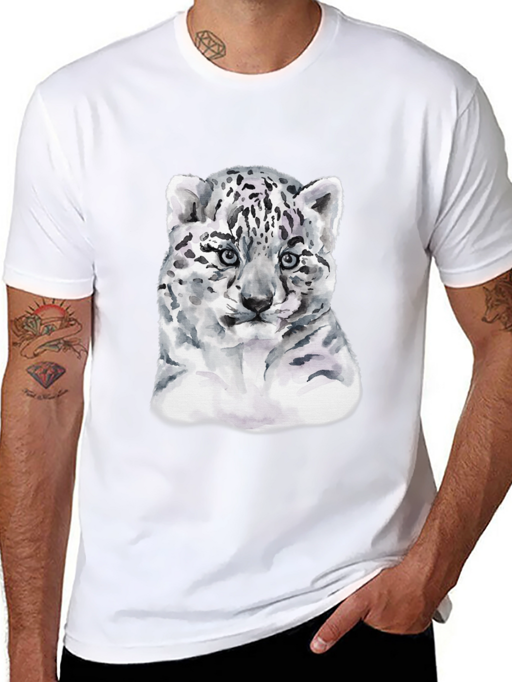 Snow Leopard Cub Graphic Tee - Black Cotton T-Shirt