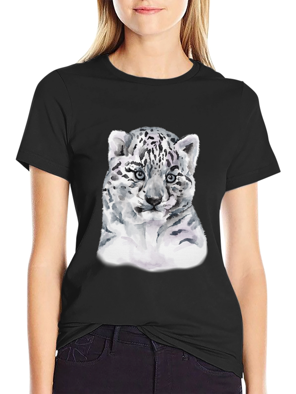 Snow Leopard Cub Graphic Tee - Black Cotton T-Shirt