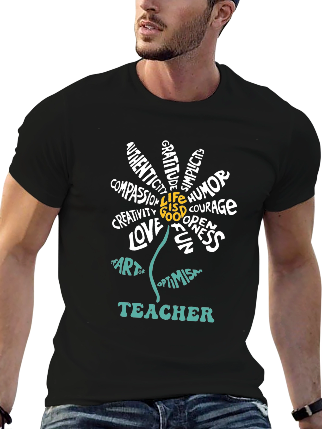 Teacher Word Art Flower Graphic T-Shirt
