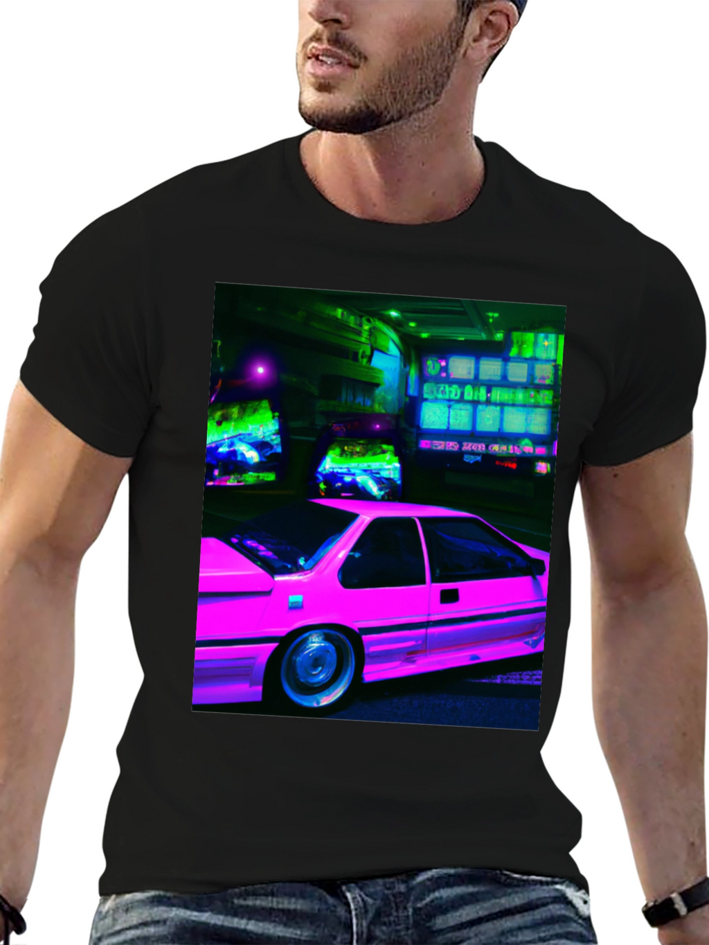 Retro Neon Car Black T-Shirt