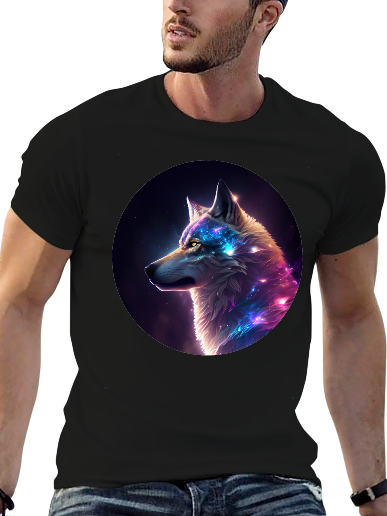 Cosmic Wolf Graphic Tee - Black Cotton Blend