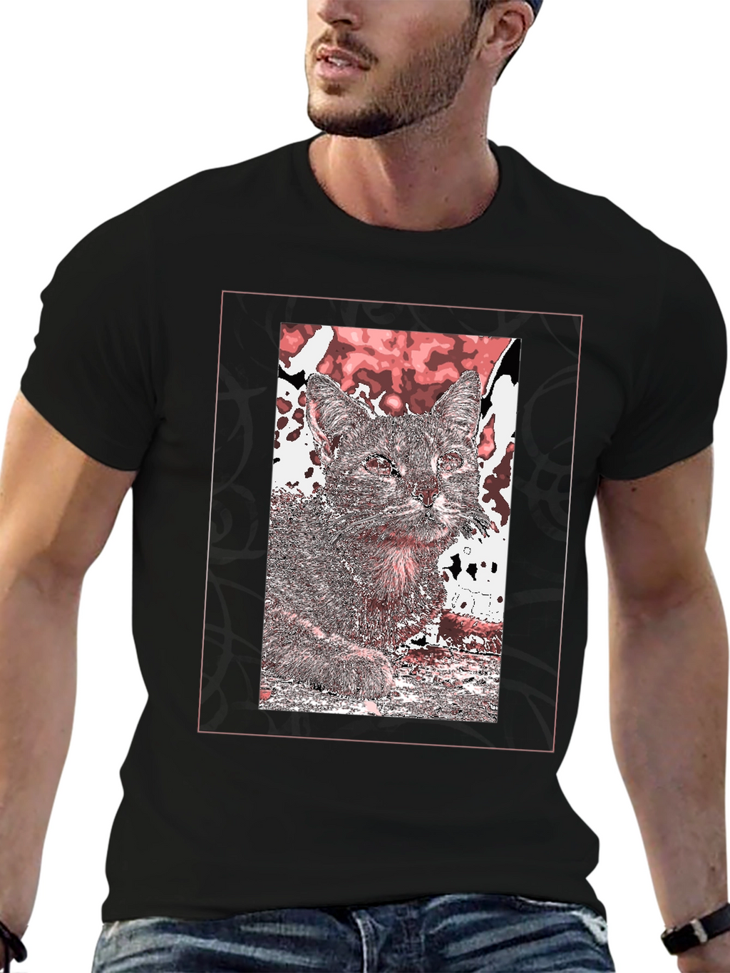 Cat Art Graphic Print Black T-Shirt