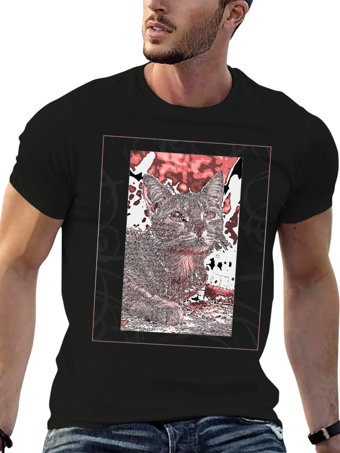Cat Art Graphic Print Black T-Shirt