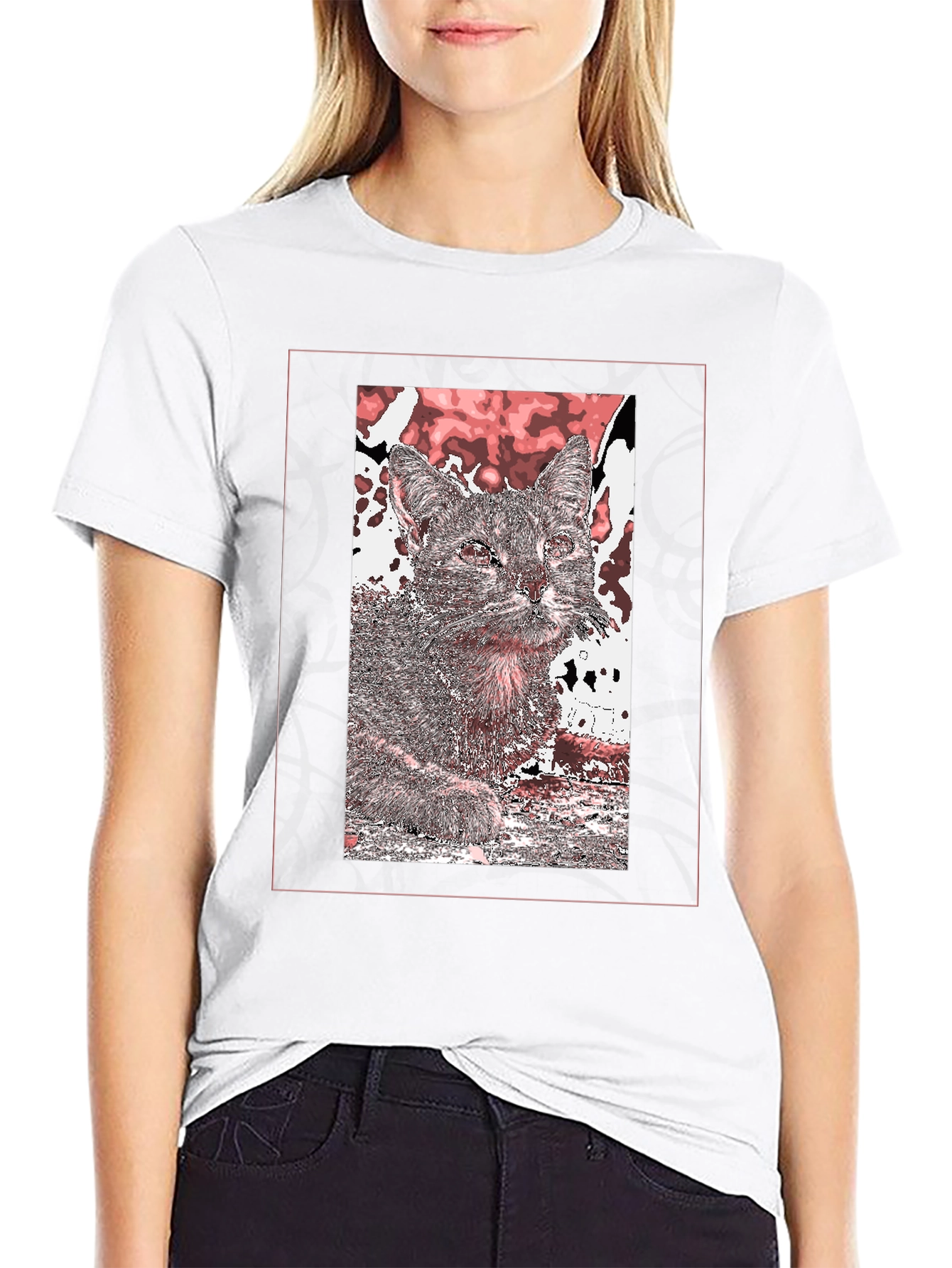 Cat Art Graphic Print Black T-Shirt