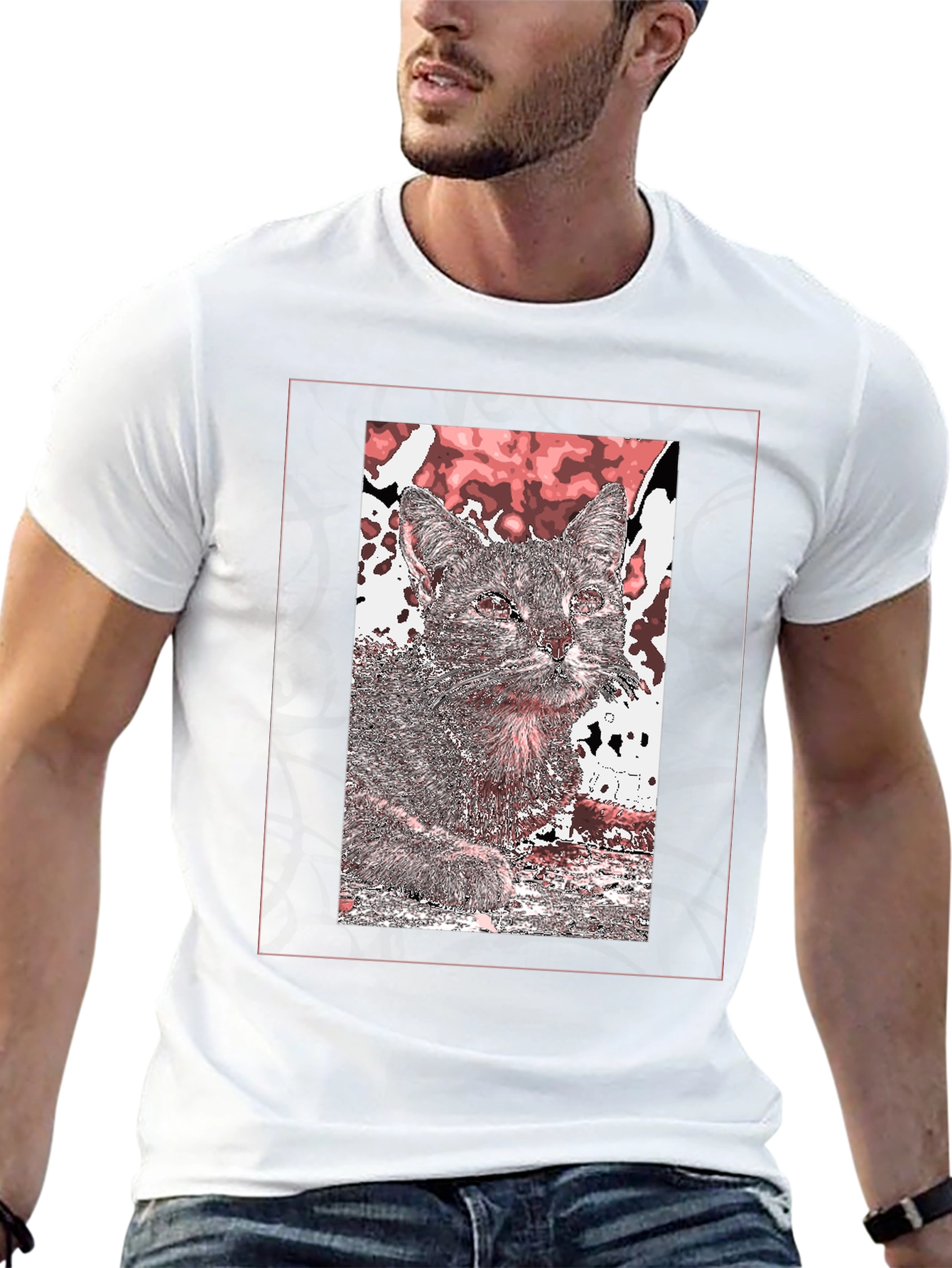 Cat Art Graphic Print Black T-Shirt