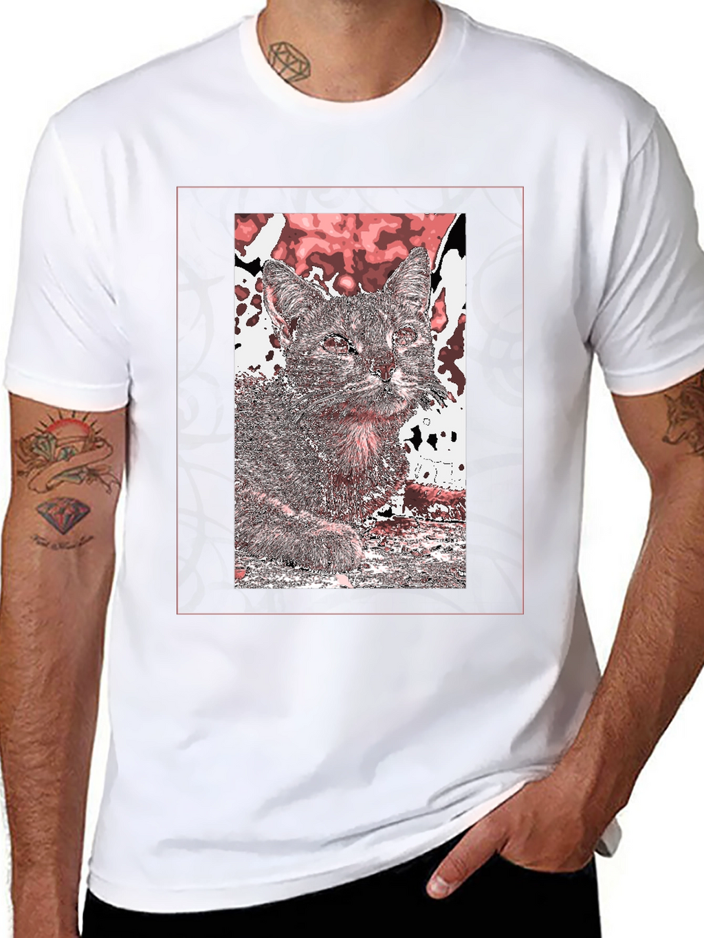 Cat Art Graphic Print Black T-Shirt