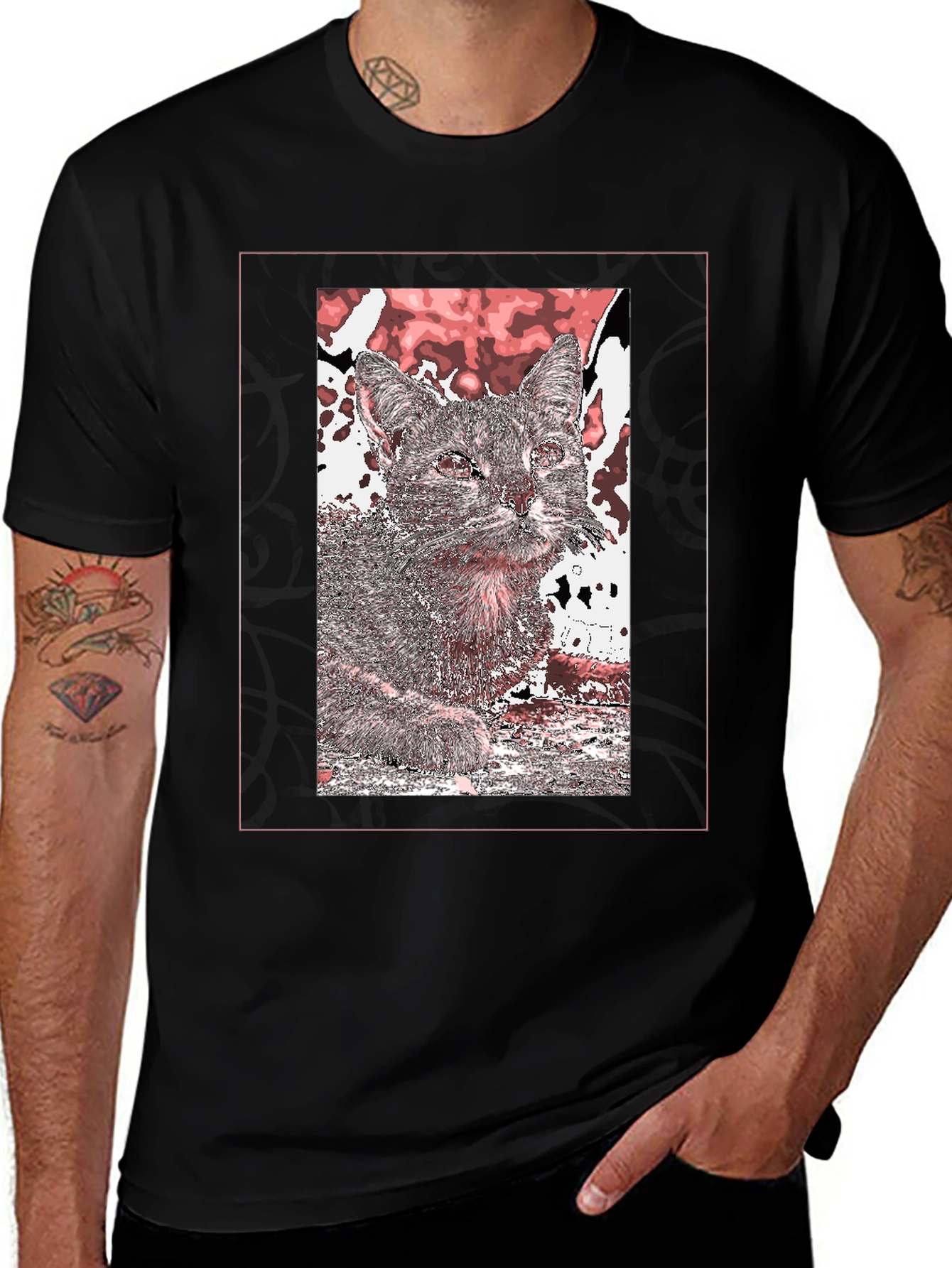Cat Art Graphic Print Black T-Shirt