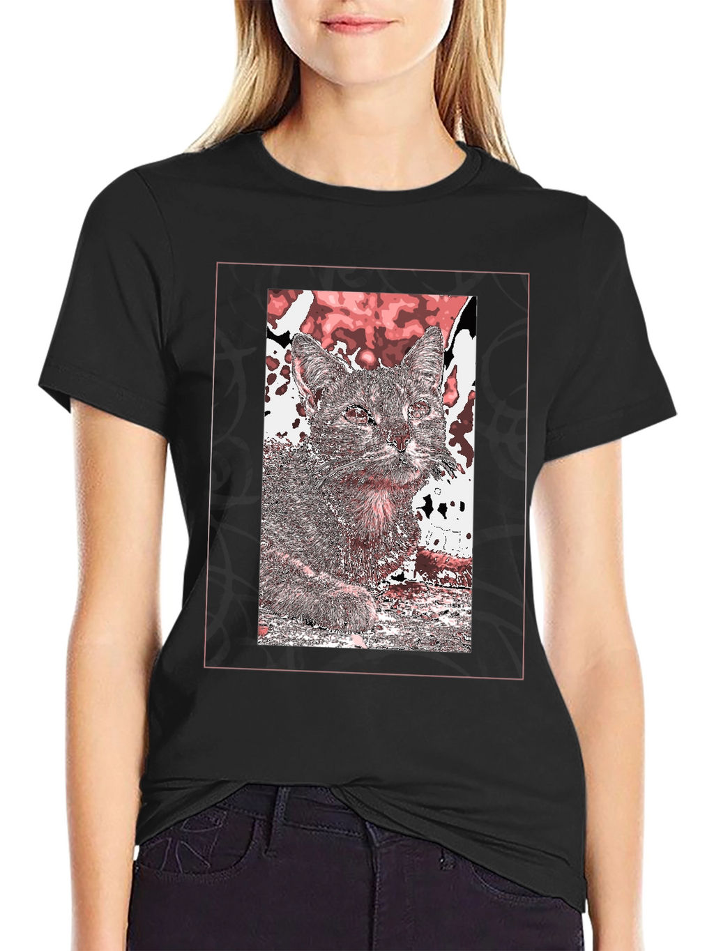 Cat Art Graphic Print Black T-Shirt
