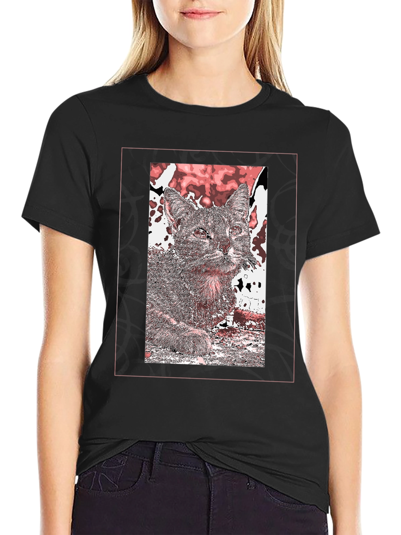 Cat Art Graphic Print Black T-Shirt