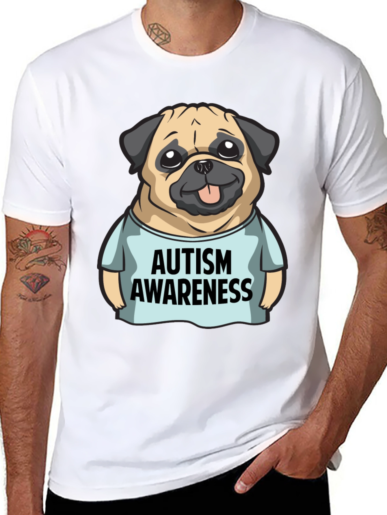 Autism Awareness Pug Graphic Tee - Black