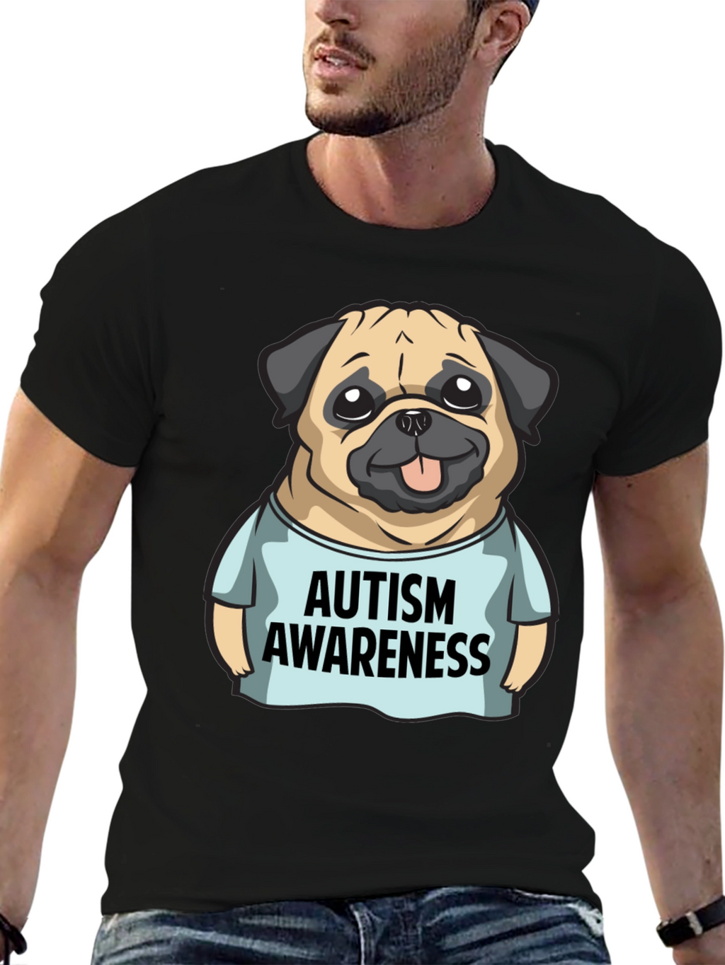Autism Awareness Pug Graphic Tee - Black