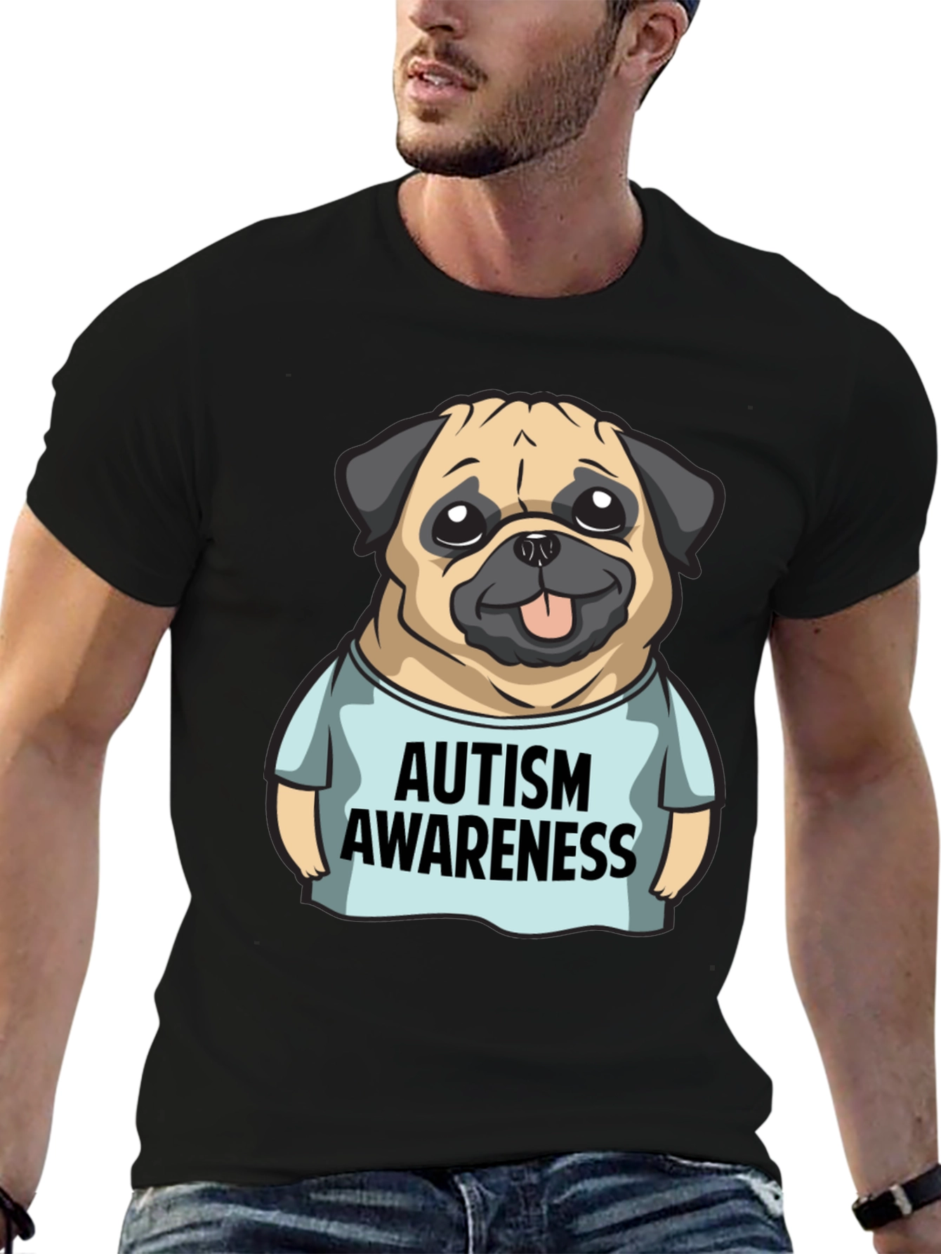 Autism Awareness Pug Graphic Tee - Black