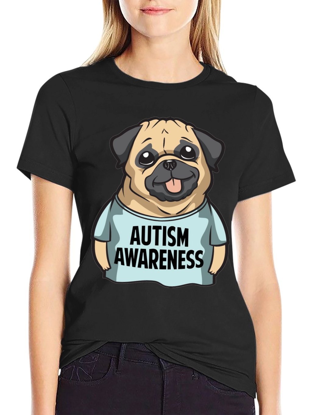 Autism Awareness Pug Graphic Tee - Black