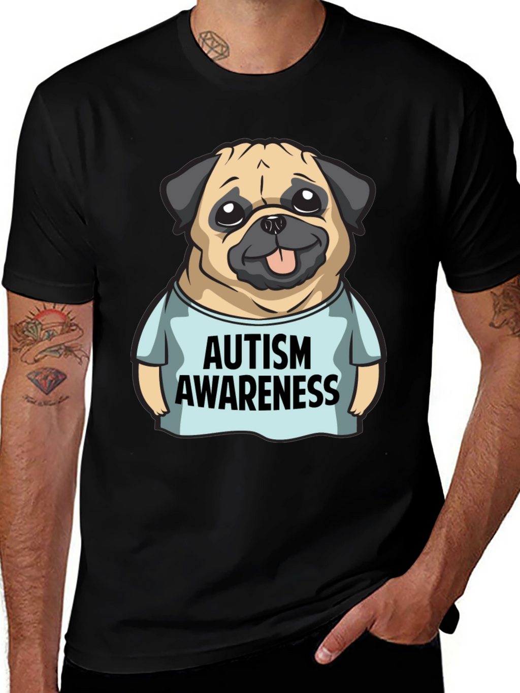 Autism Awareness Pug Graphic Tee - Black