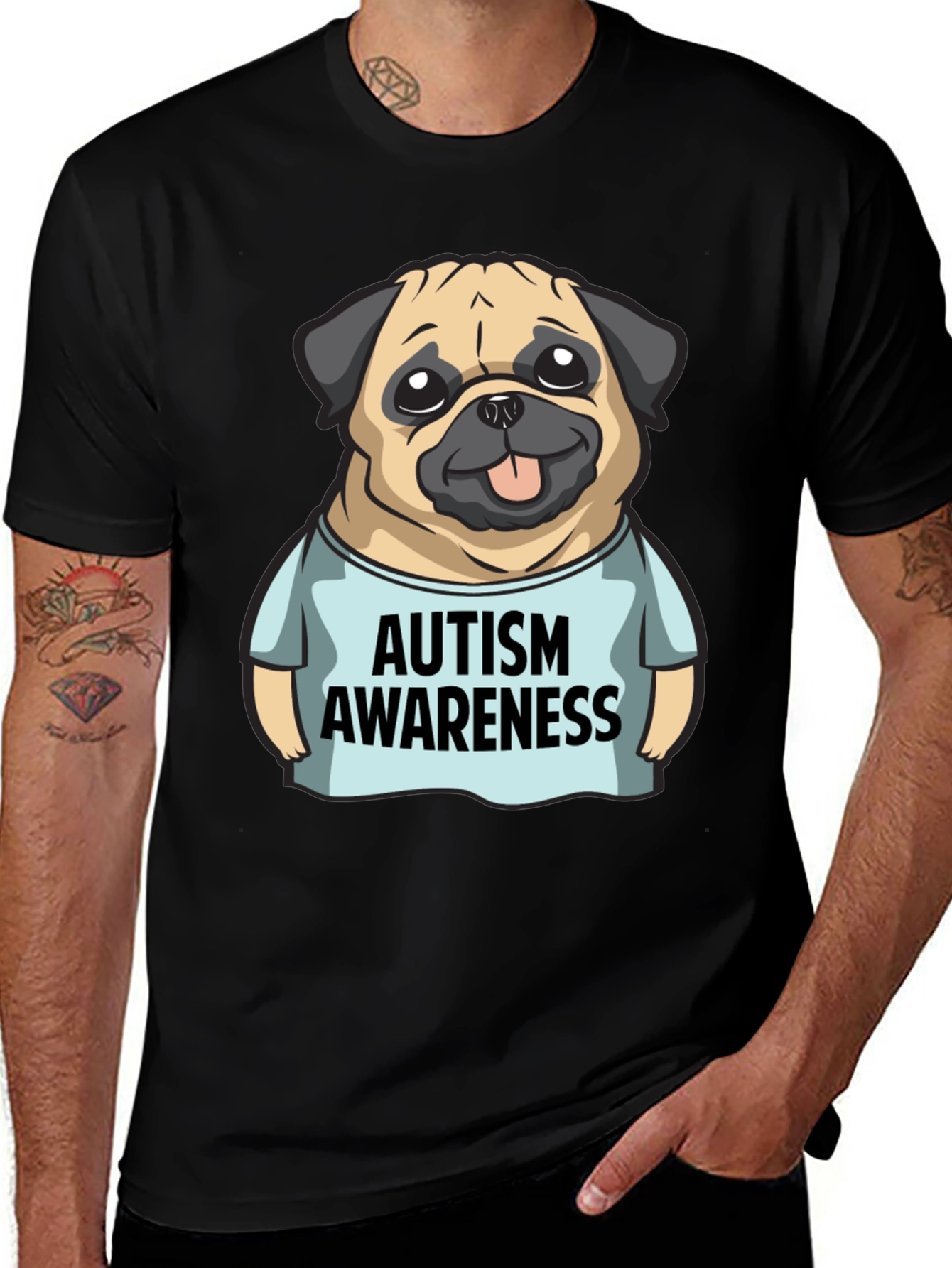 Autism Awareness Pug Graphic Tee - Black