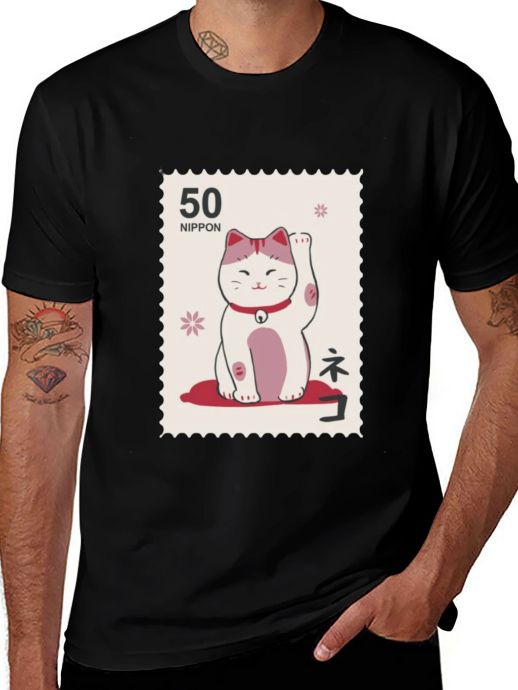 Lucky Cat Stamp T-Shirt - Japanese Nippon Tee