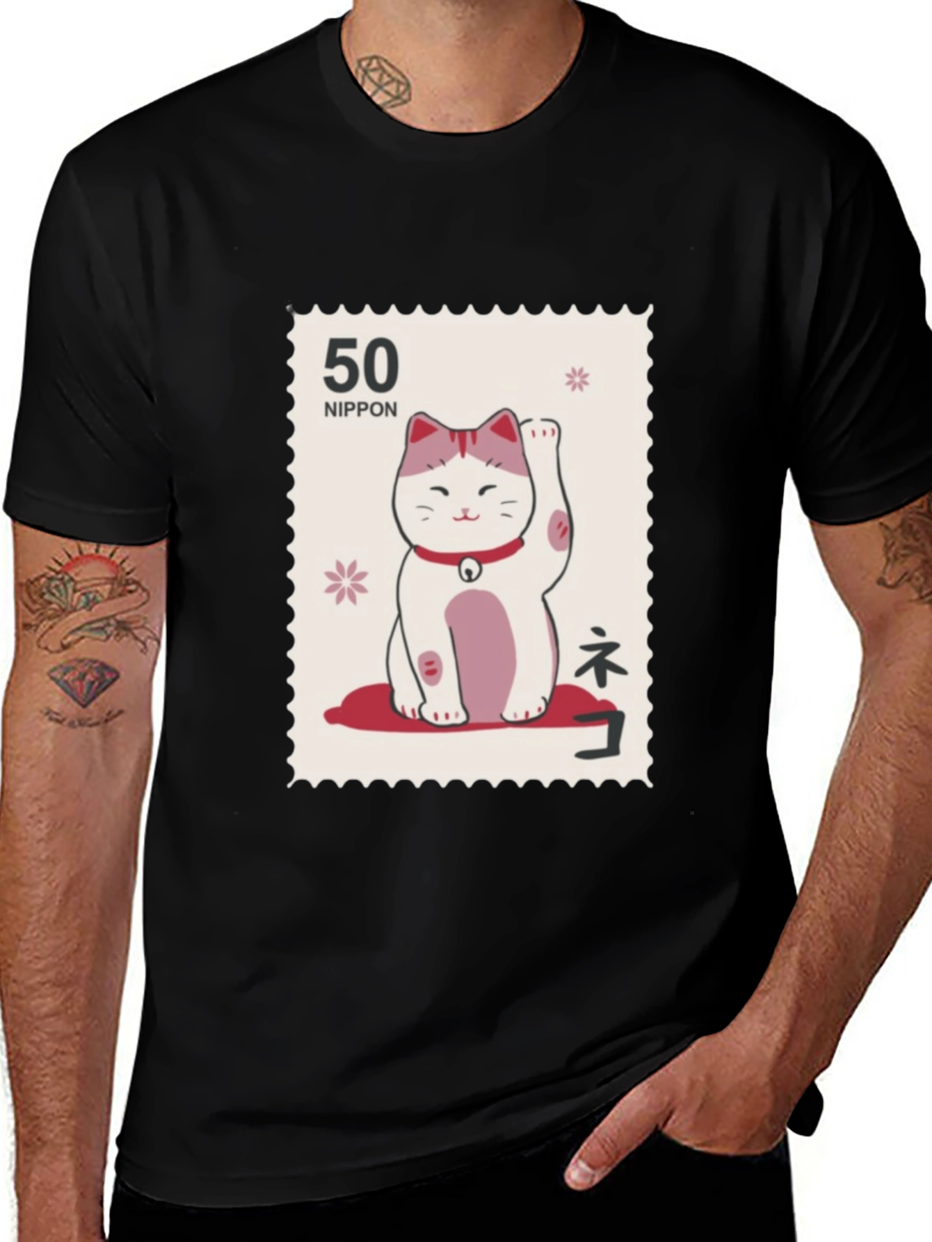 Lucky Cat Stamp T-Shirt - Japanese Nippon Tee
