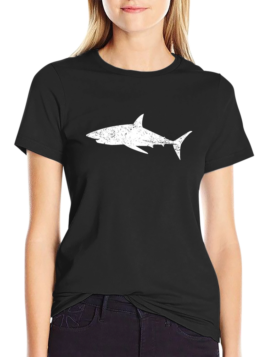 Mens Black T-Shirt with Distressed White Shark Graphic