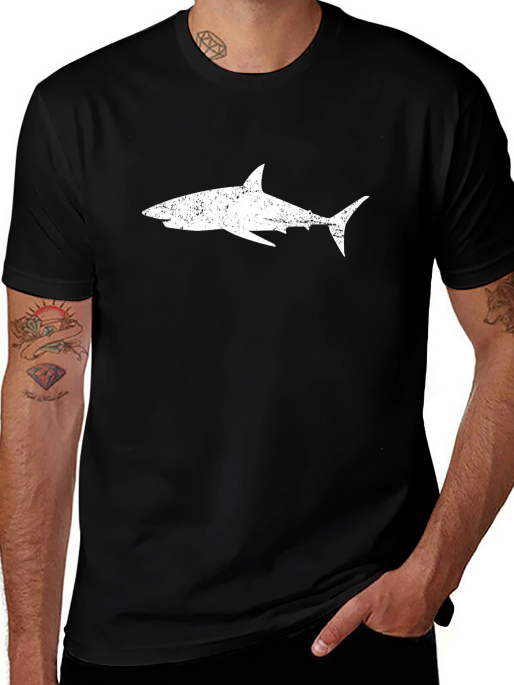 Mens Black T-Shirt with Distressed White Shark Graphic