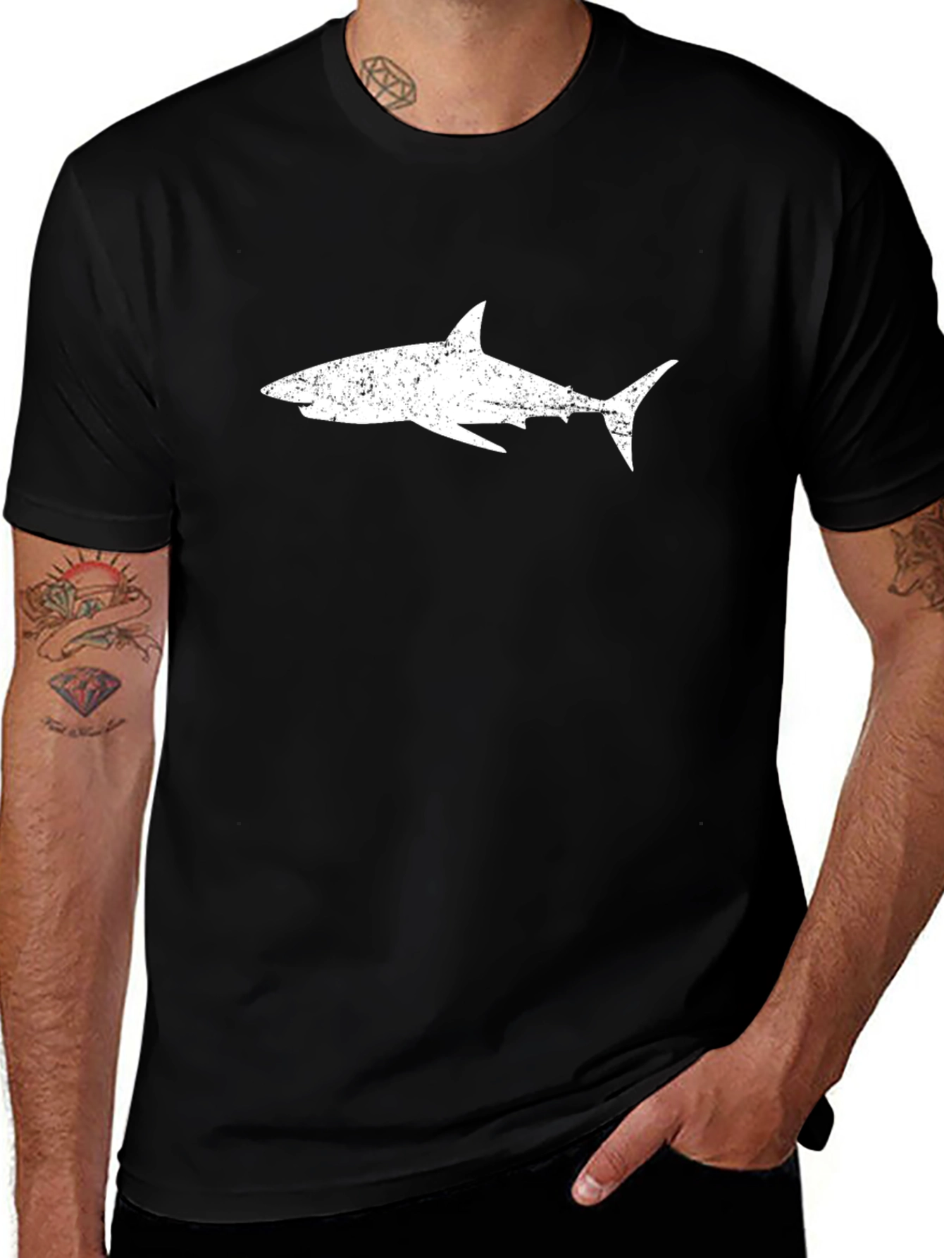 Mens Black T-Shirt with Distressed White Shark Graphic
