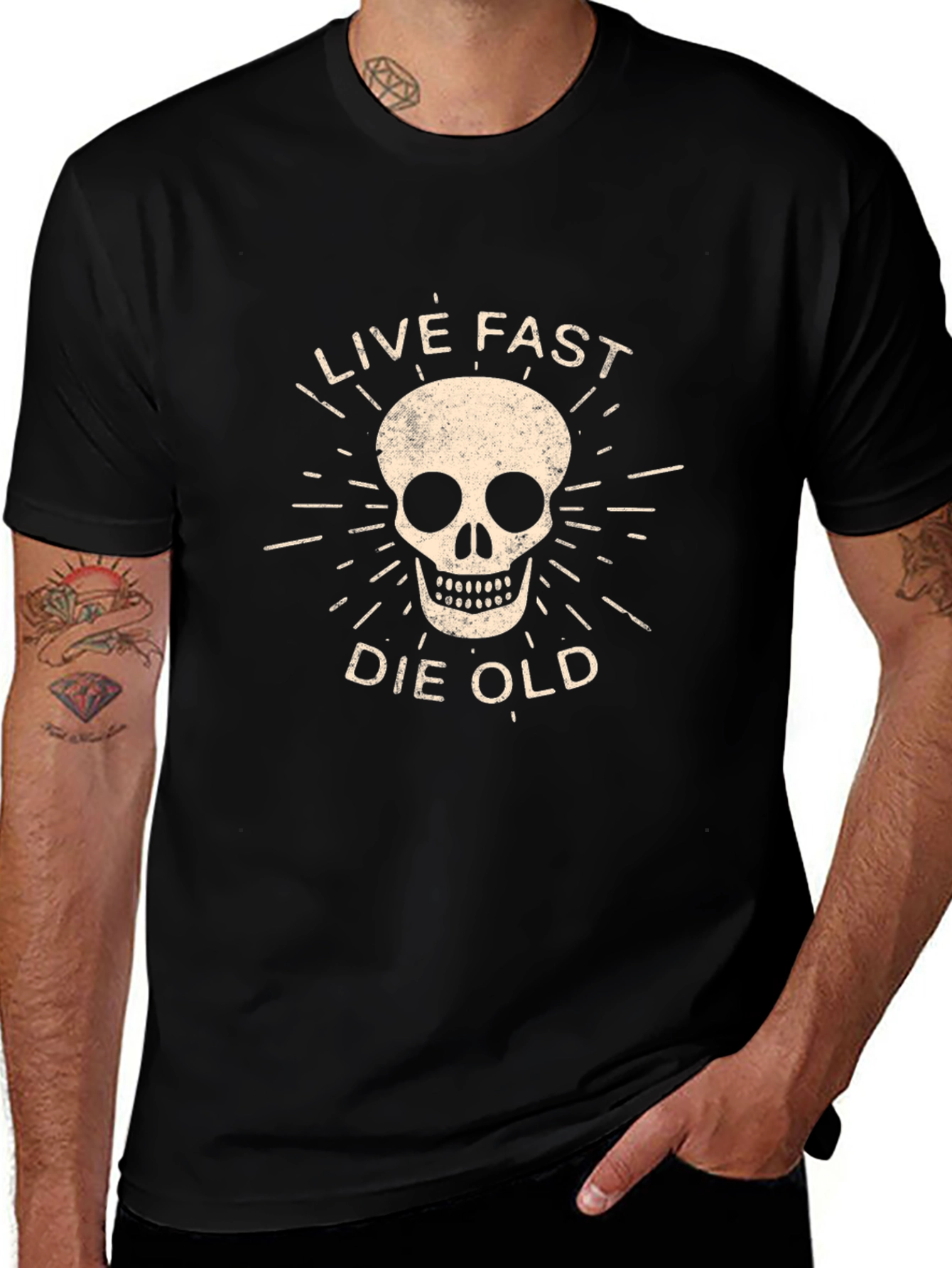Live Fast Die Old Graphic Tee - Skull Design