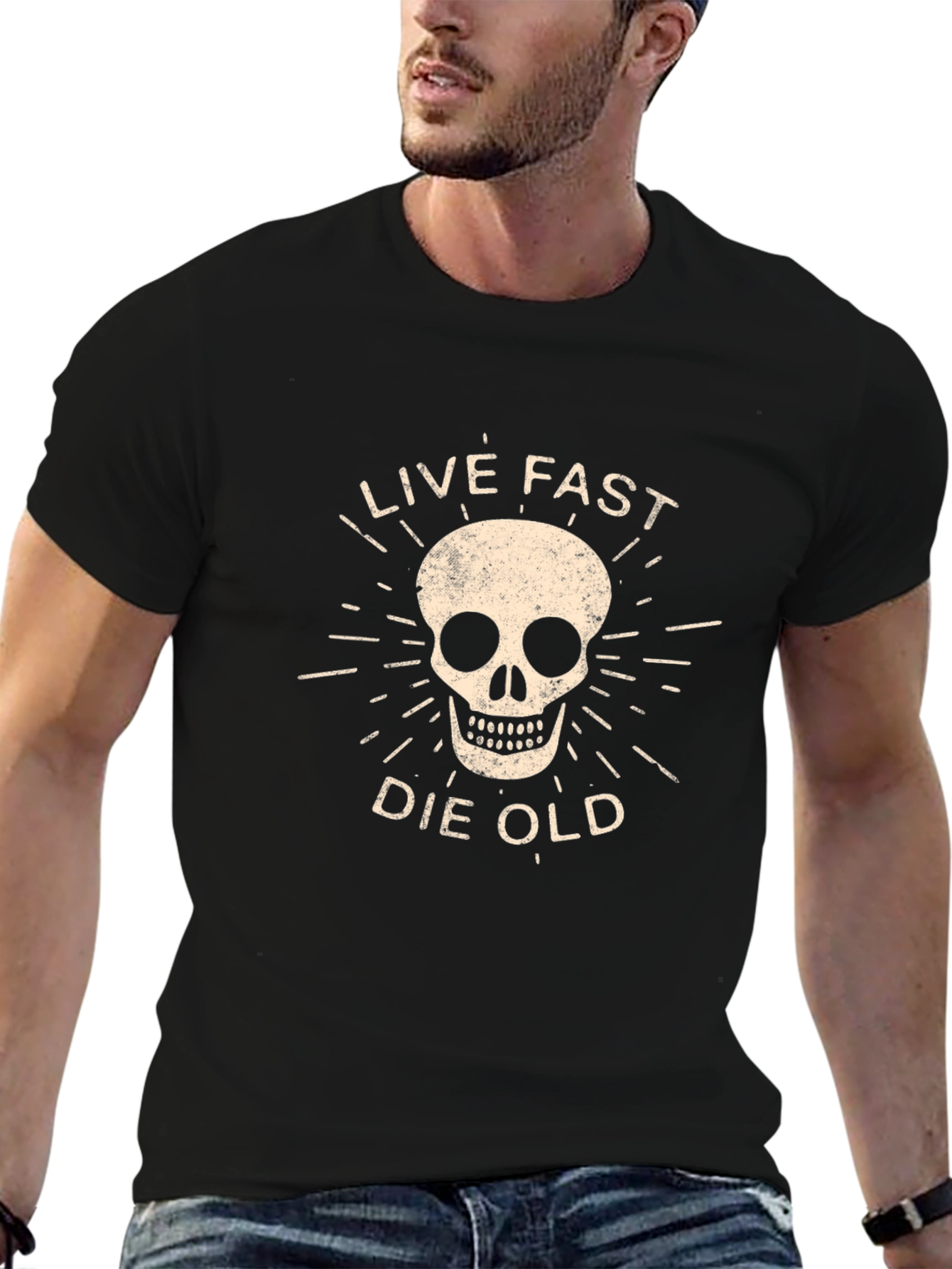 Live Fast Die Old Graphic Tee - Skull Design