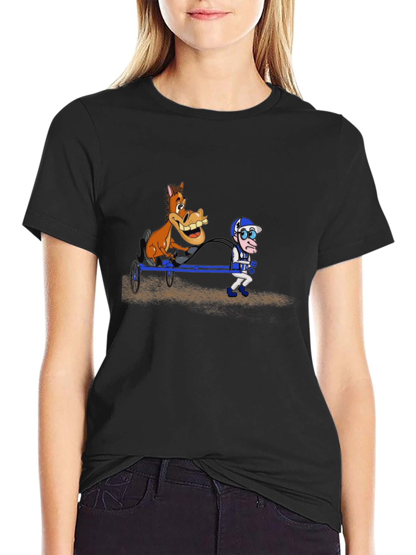 Cartoon Horse & Jockey Black T-Shirt