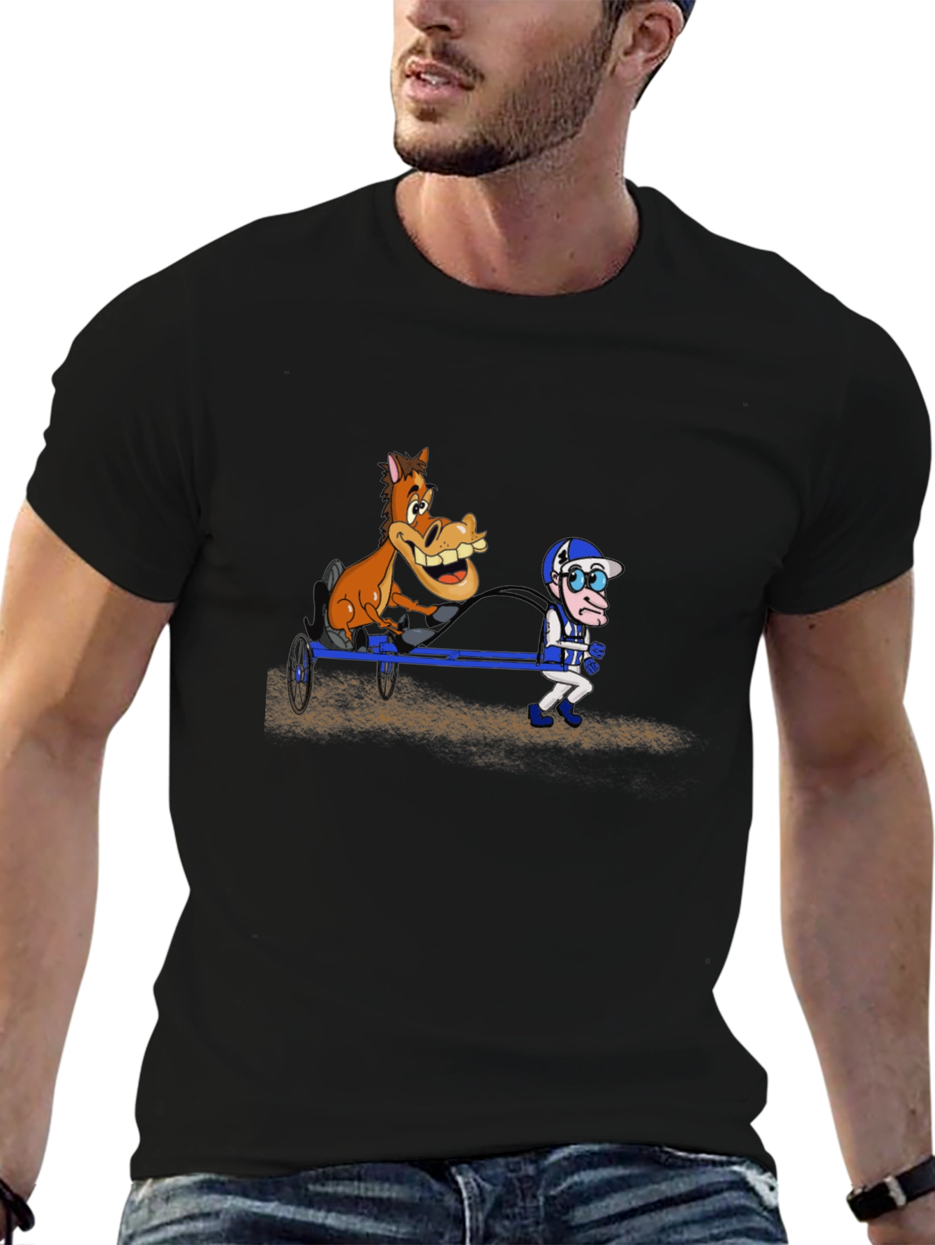 Cartoon Horse & Jockey Black T-Shirt