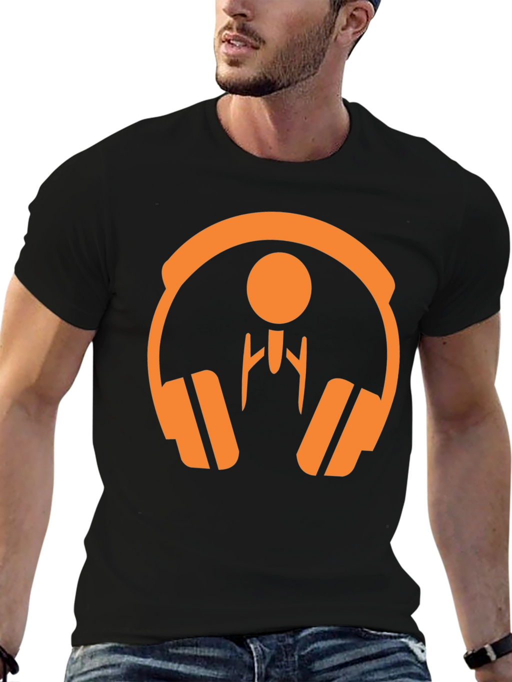 Orange Headphone Graphic Tee - Stylish Black T-Shirt