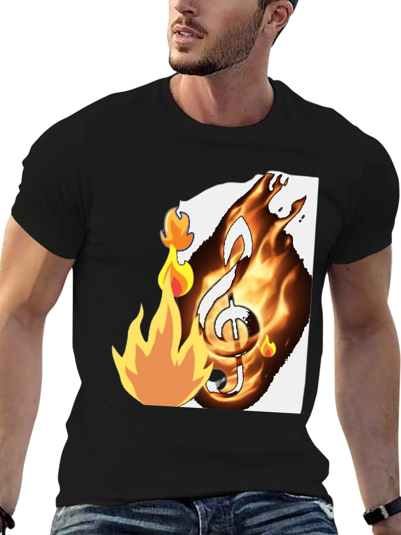 Fiery Music Note Graphic T-Shirt - Black