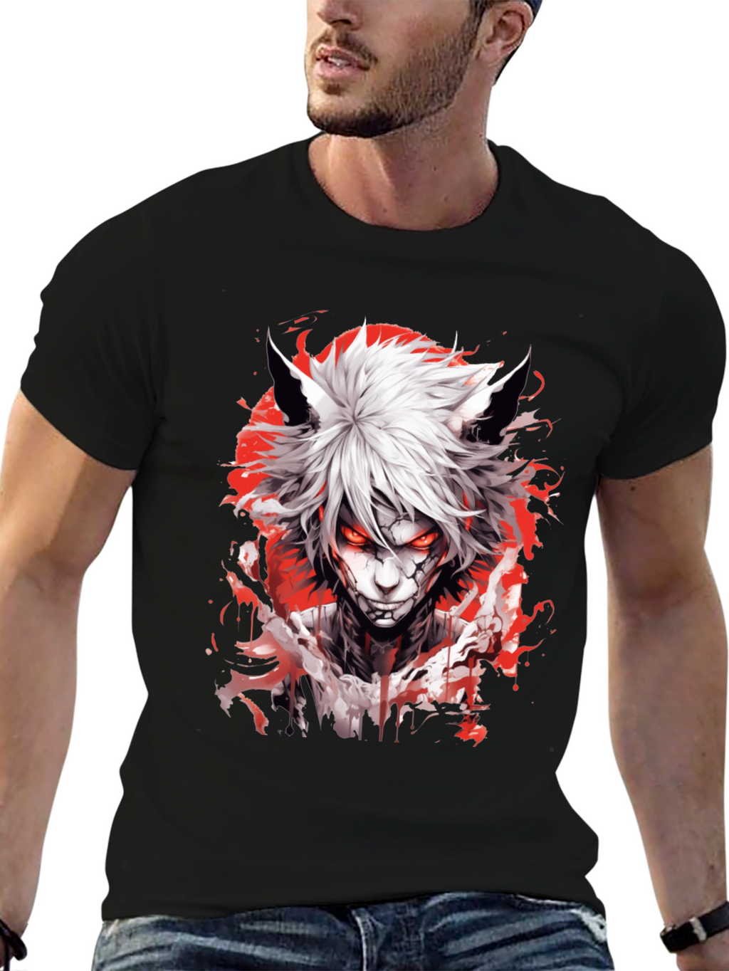 Anime Wolf Graphic Tee - Mens Black T-Shirt