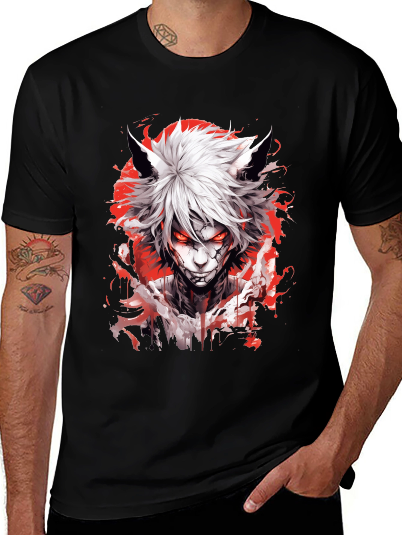 Anime Wolf Graphic Tee - Mens Black T-Shirt