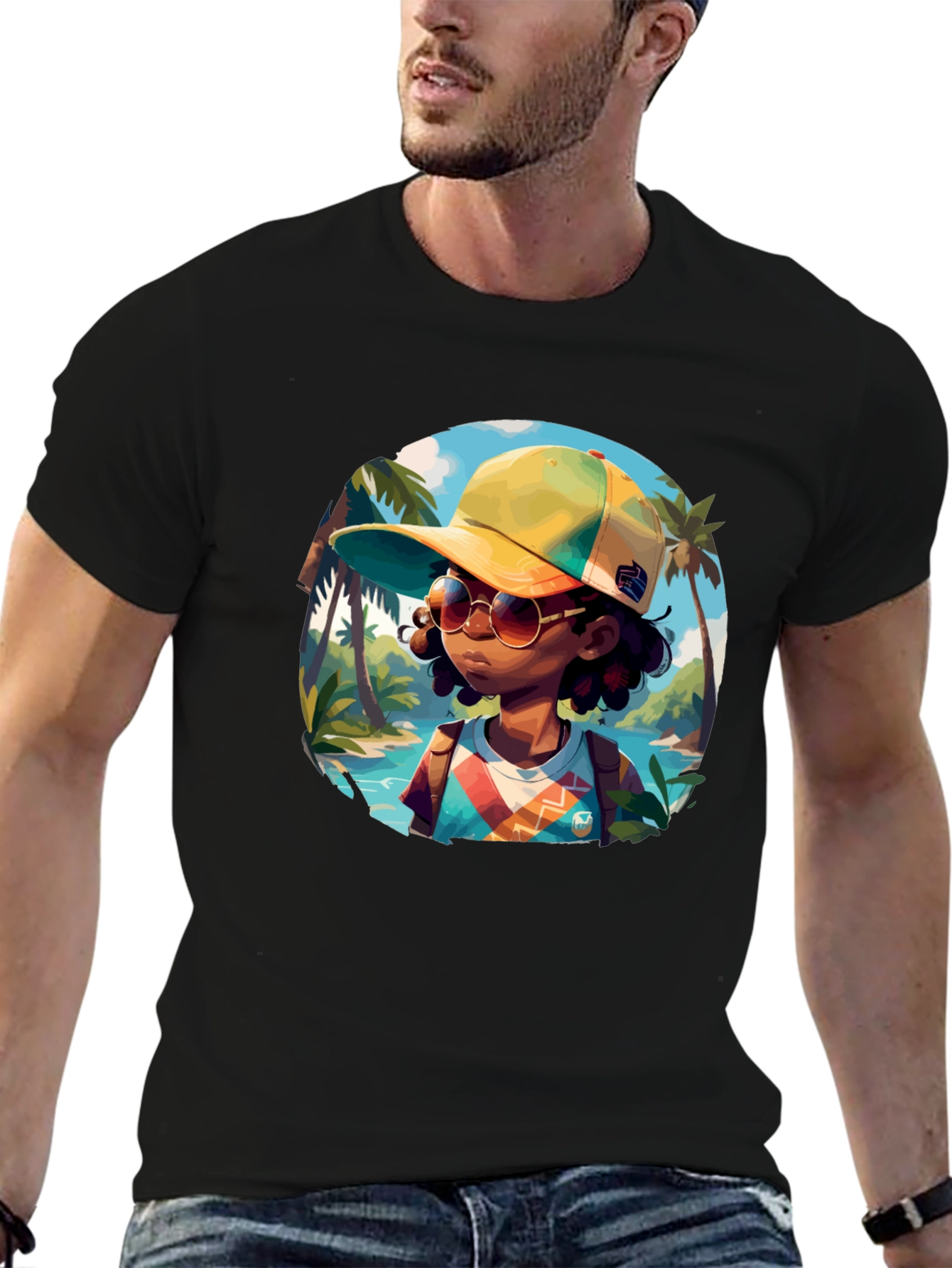 Island Traveler T-Shirt - Black Cotton Graphic Tee