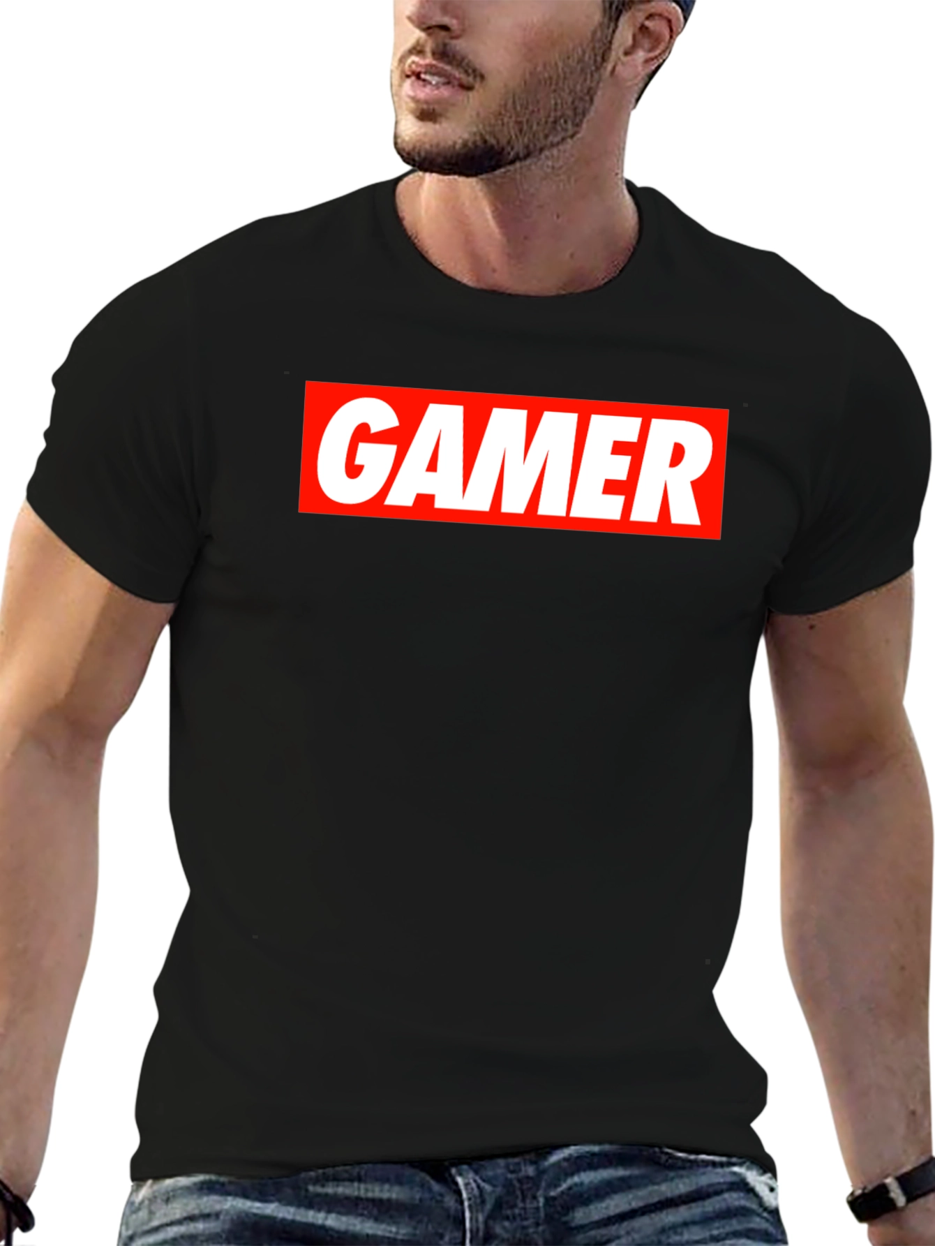 Gamer T-Shirt - Red and White Print on Black