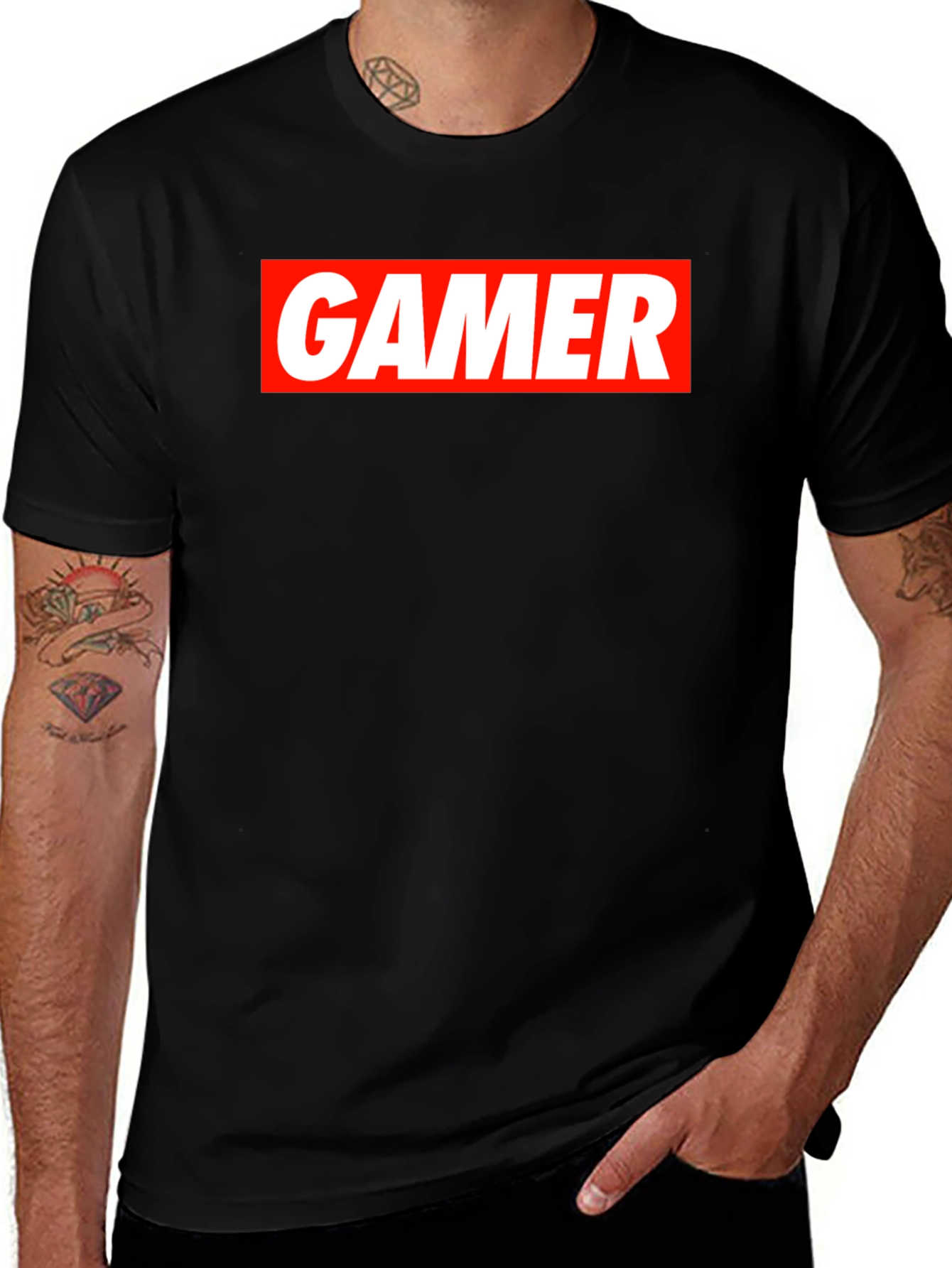 Gamer T-Shirt - Red and White Print on Black