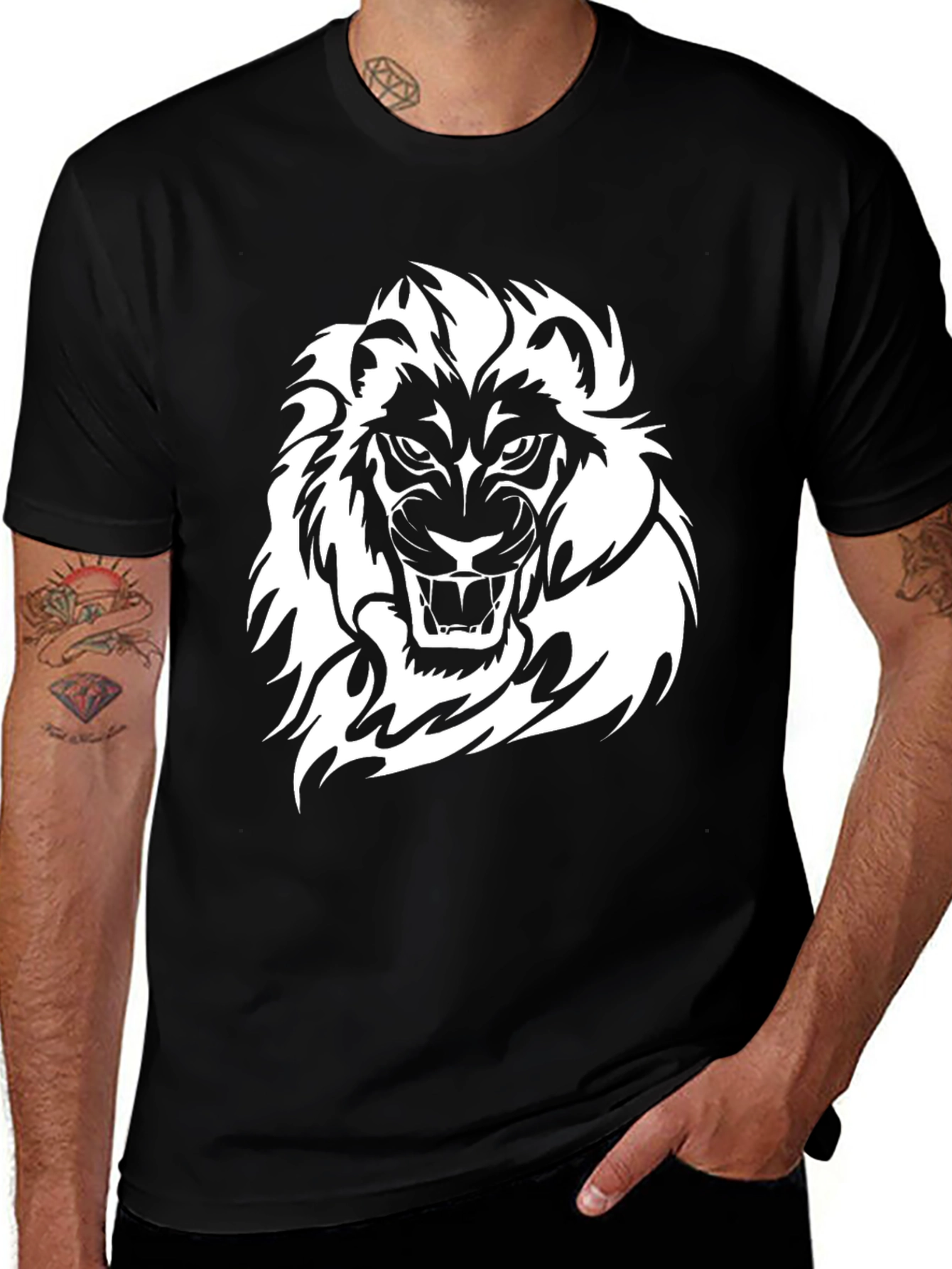 Black T-Shirt with White Lion Graphic