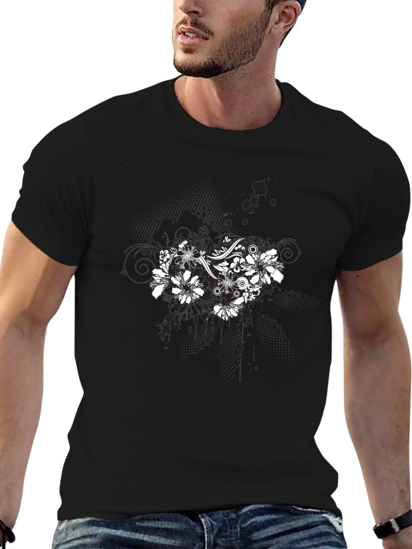 Floral Graphic Black T-Shirt for Men
