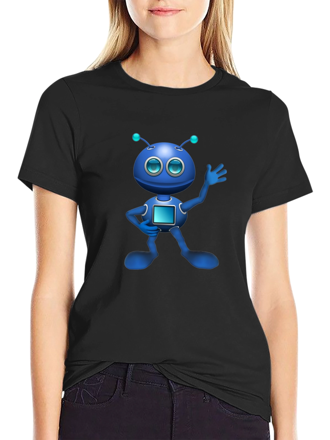 Blue Robot Graphic Black T-Shirt