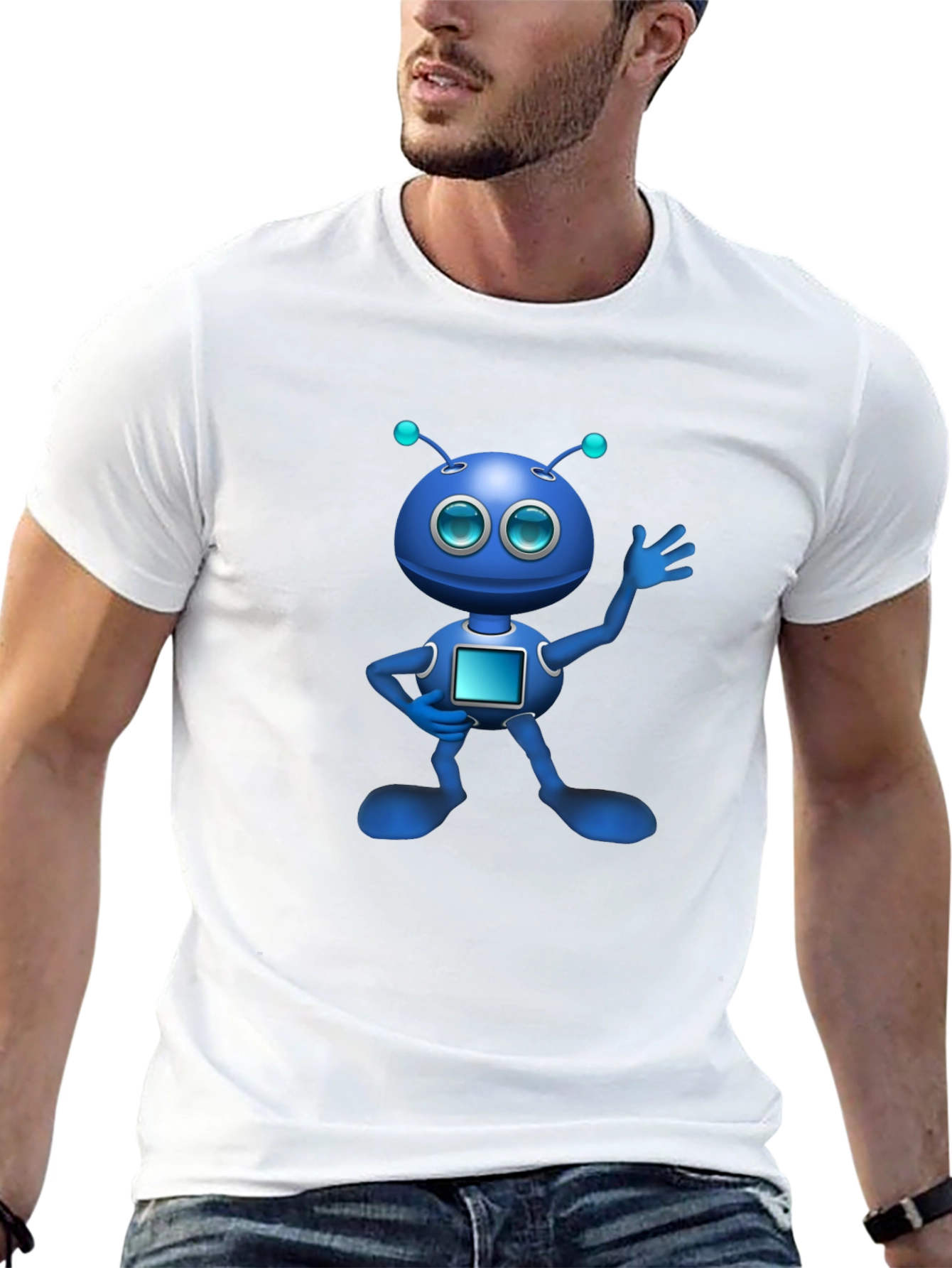 Blue Robot Graphic Black T-Shirt