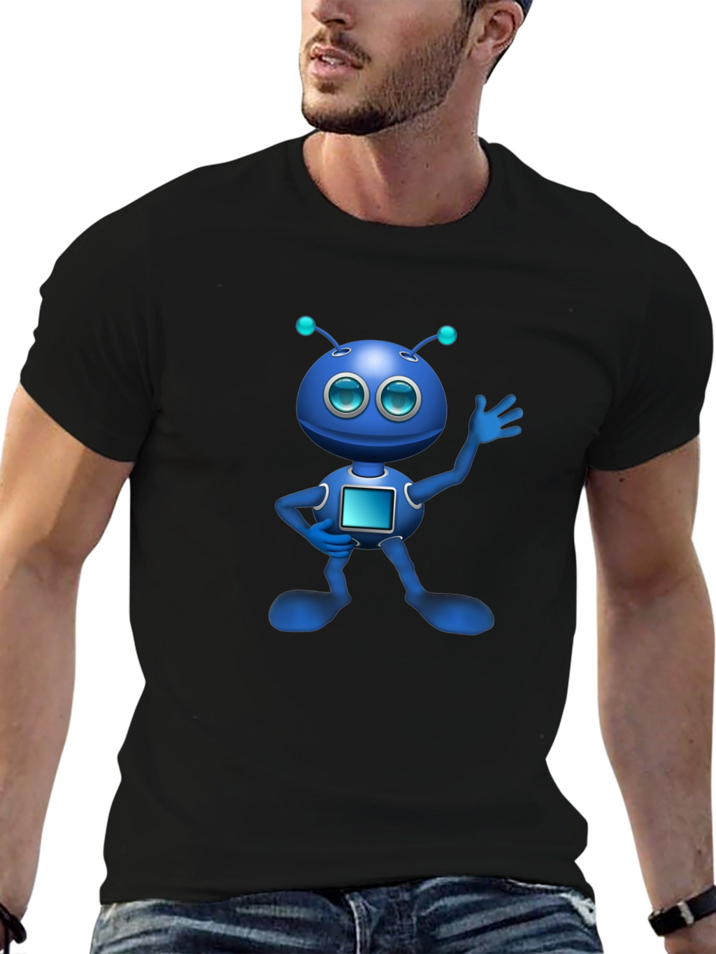 Blue Robot Graphic Black T-Shirt