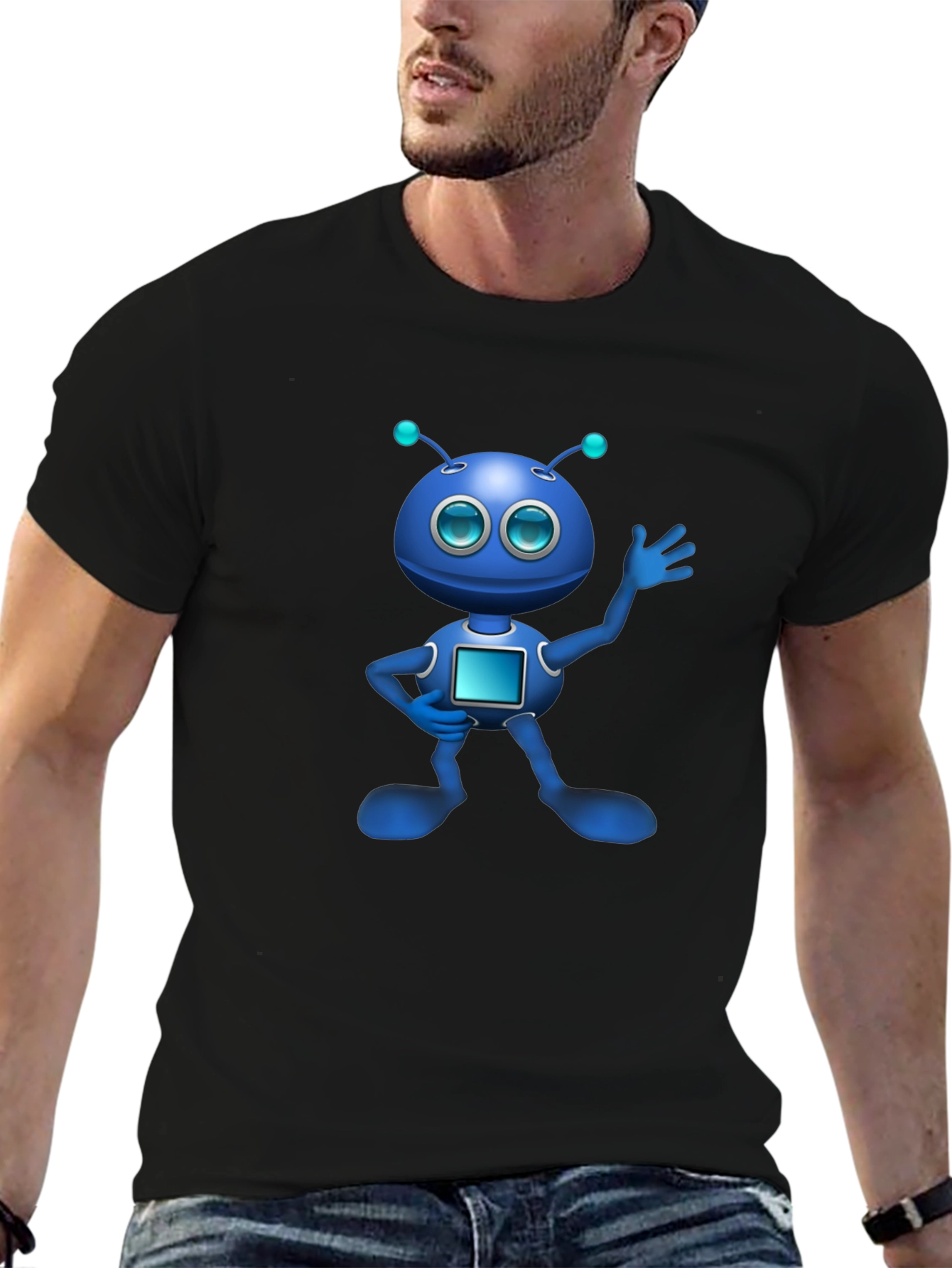 Blue Robot Graphic Black T-Shirt