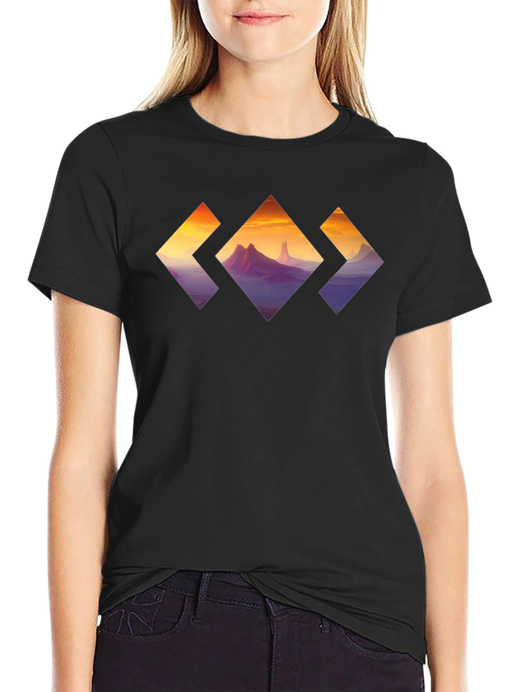Mountain Sunset Diamond Graphic Tee - Stylish Black T-Shirt