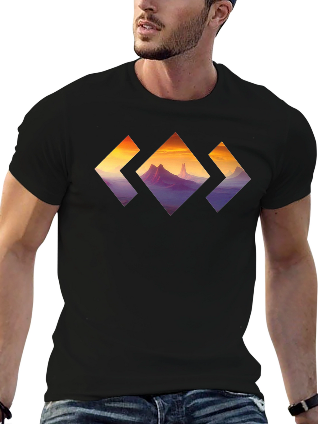 Mountain Sunset Diamond Graphic Tee - Stylish Black T-Shirt