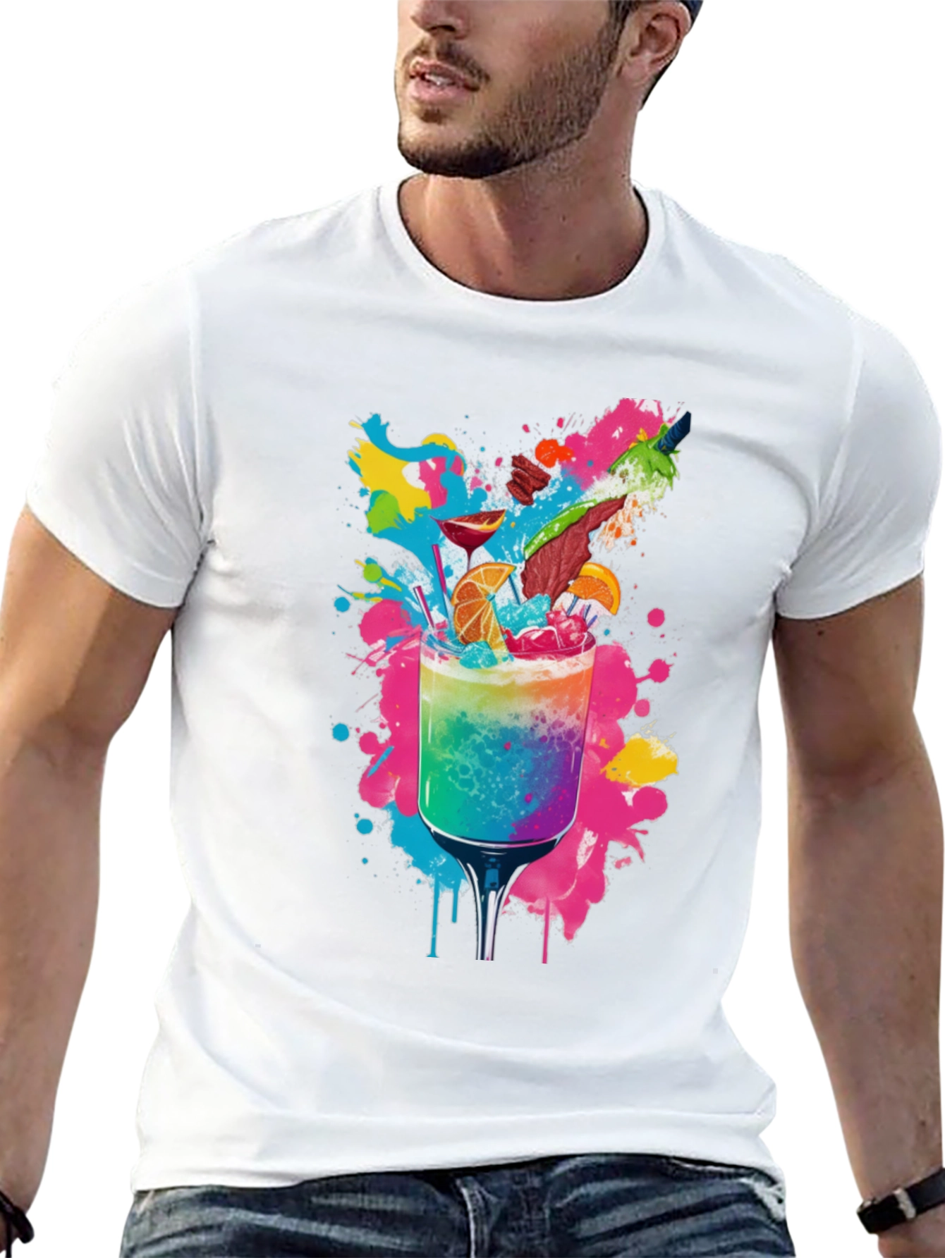 Rainbow Cocktail Graphic Tee - Vibrant Party Shirt