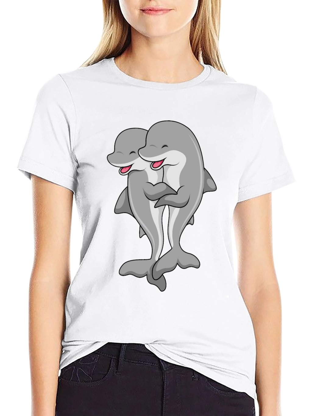 Cute Dolphin Hug Black T-Shirt