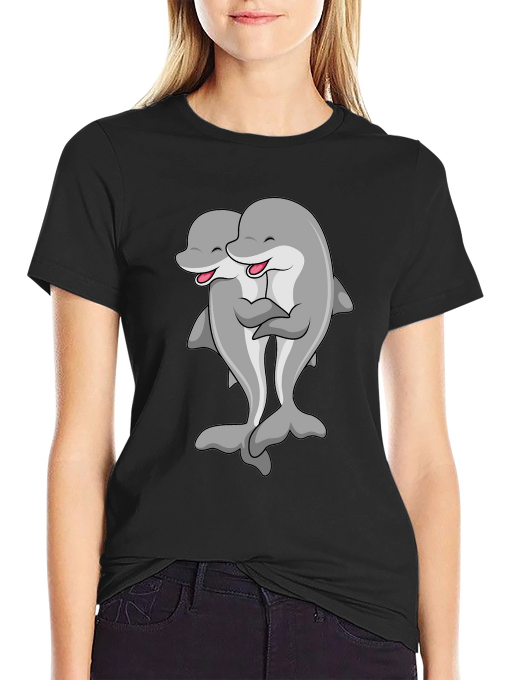 Cute Dolphin Hug Black T-Shirt